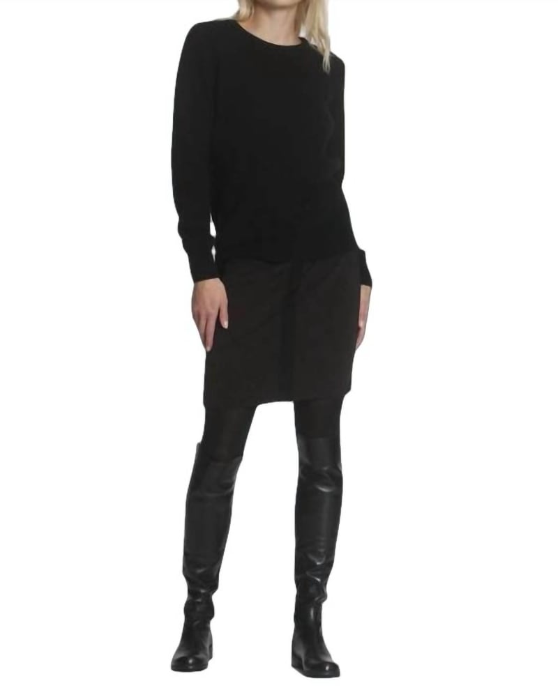 Front of a model wearing a size L Haley Knit Skirt in Brown/Black in Brown/Black by LABEL+thread. | dia_product_style_image_id:343379